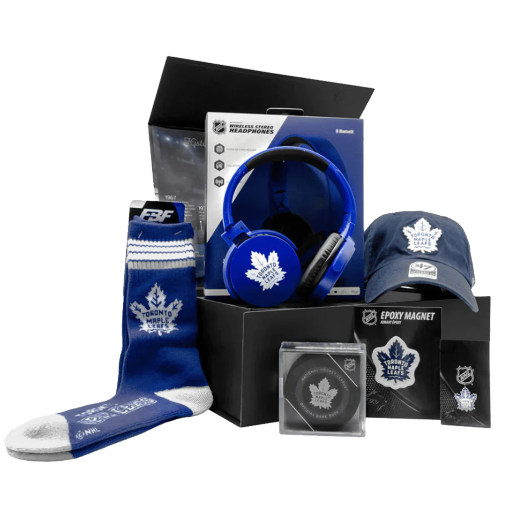 Toronto Maple Leafs Bud Gift Box wit Leafs Headphones, Leafs socks, Leafs official puck, leafs cap, leafs magnet, and leafs keychain