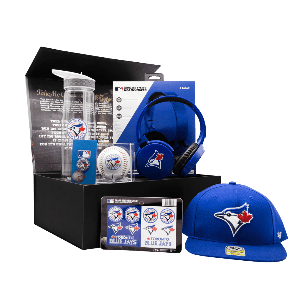 Toronto Blue Jays Fanatics Future All Star Kids Chest gift box with cap, headphones, baseball, water bottle, pin, and stickers.