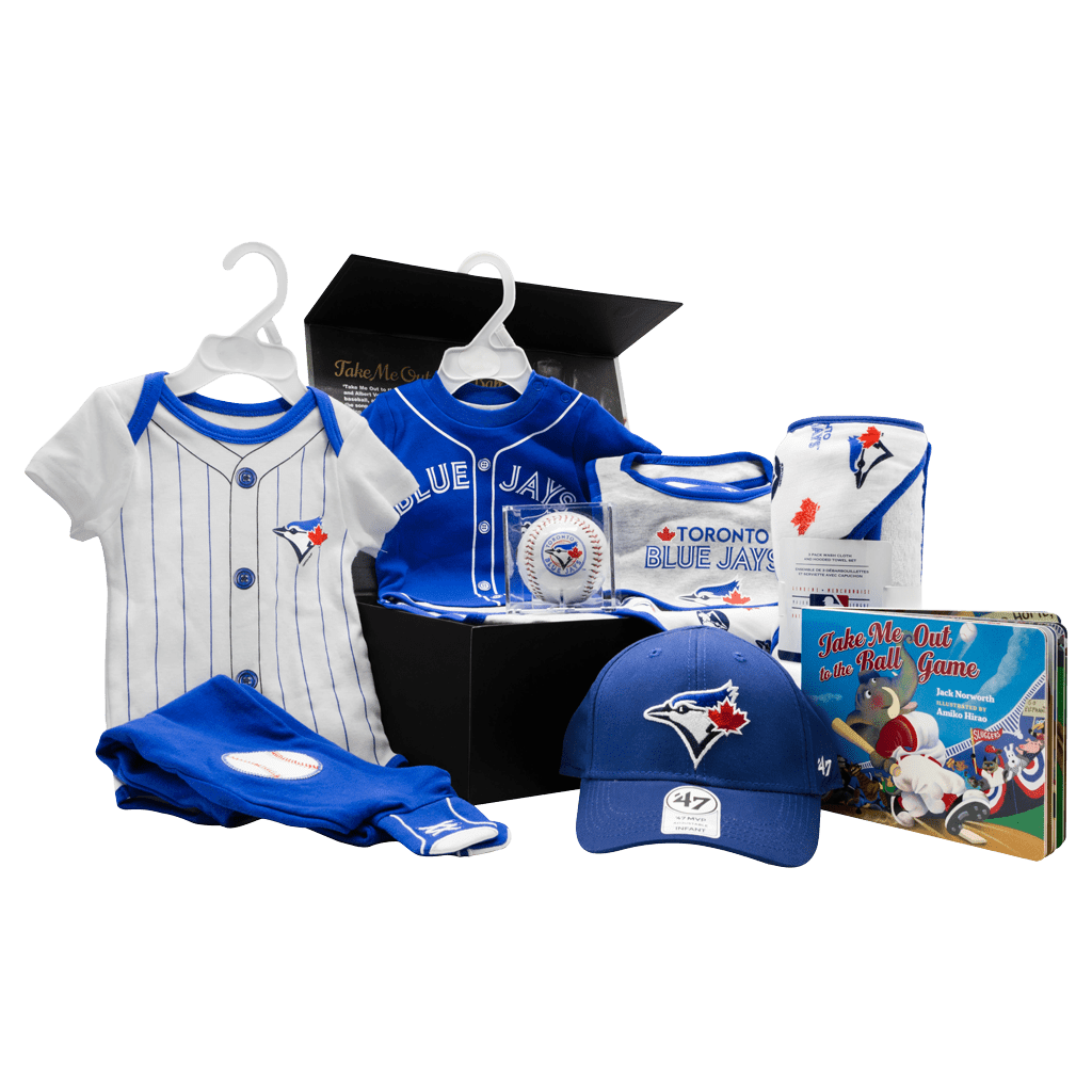 Blue Jays Fanatics Lil Fan Chest gift box with baseball, bibs, towel, cap, onsie, onsie with pants, and book.