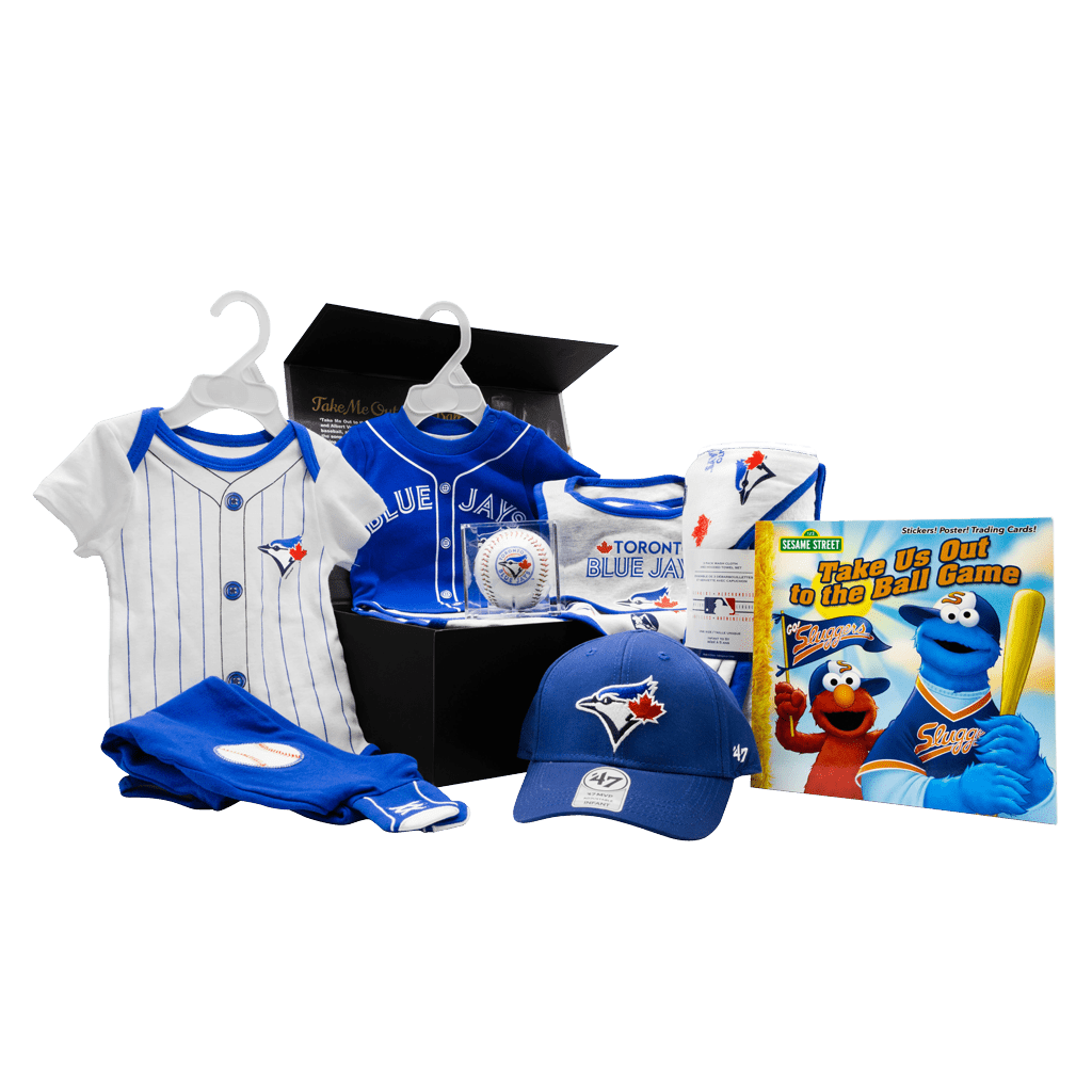 Toronto Blue Jays Fanatics Lil Leaguer Chest gift box with baseball, bibs, towel, cap, onsie, onsie with pants, and book.