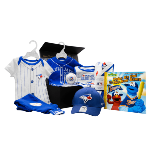 Toronto Blue Jays Fanatics Lil Leaguer Chest gift box with baseball, bibs, towel, cap, onsie, onsie with pants, and book.