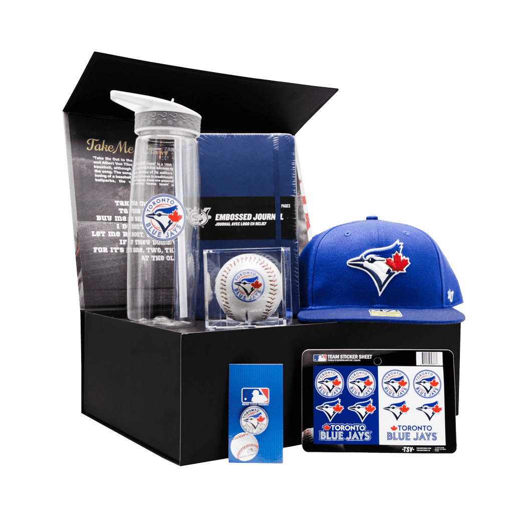Toronto Blue Jays Supporters Ace Kids Chest gift box with cap, baseball, journal, water bottle, stickers, and pin.