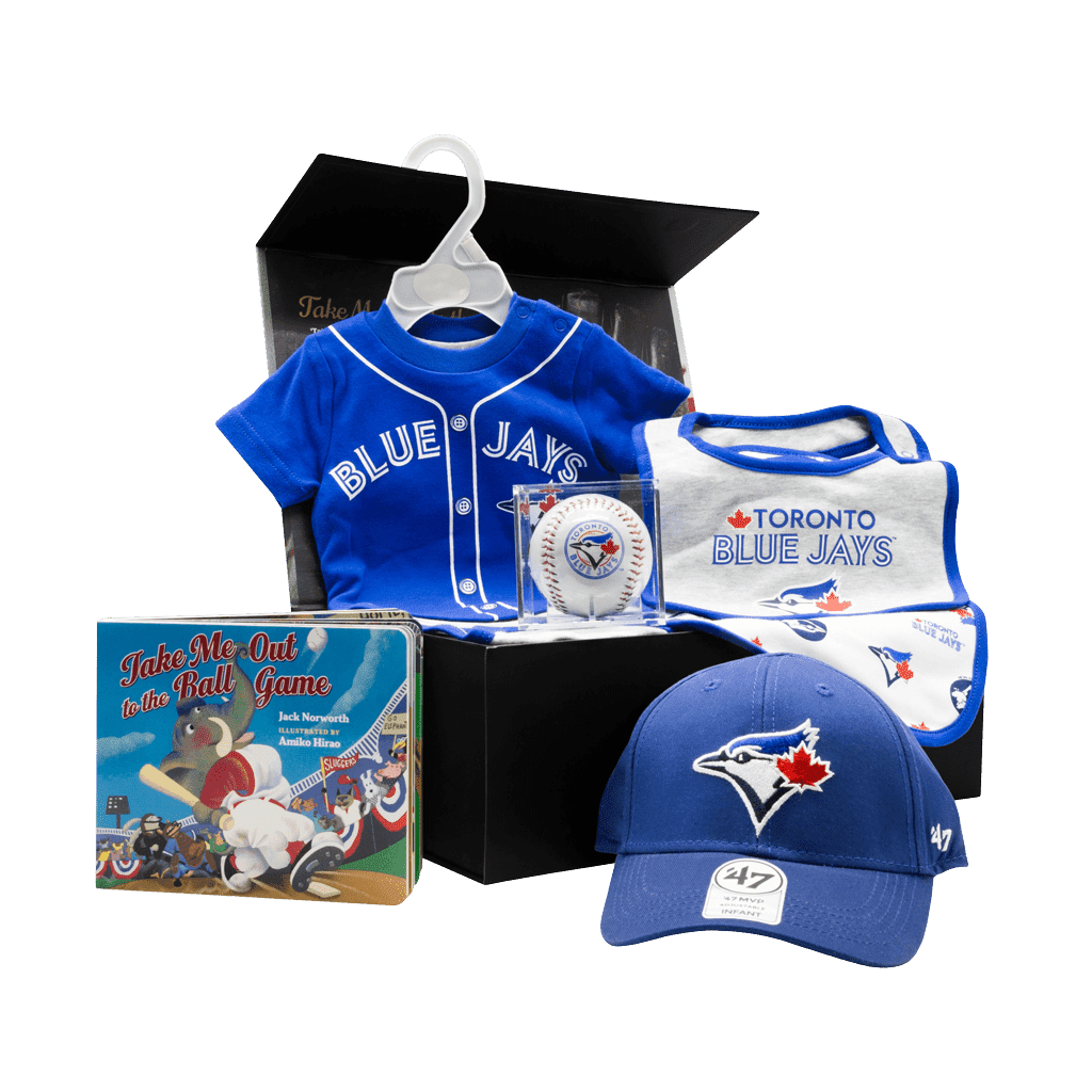 Toronto Blue Jays Supporters My 1st Chest gift box with cap, baseball, bibs, onsie, and book.