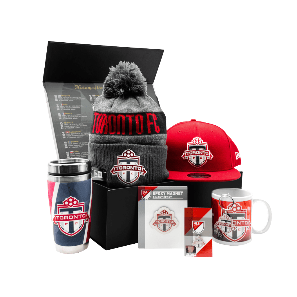 Toronto FC Fanatics The Red Chest gift box with toque, cap, mug, tumbler, magnet, keychain, and pin.
