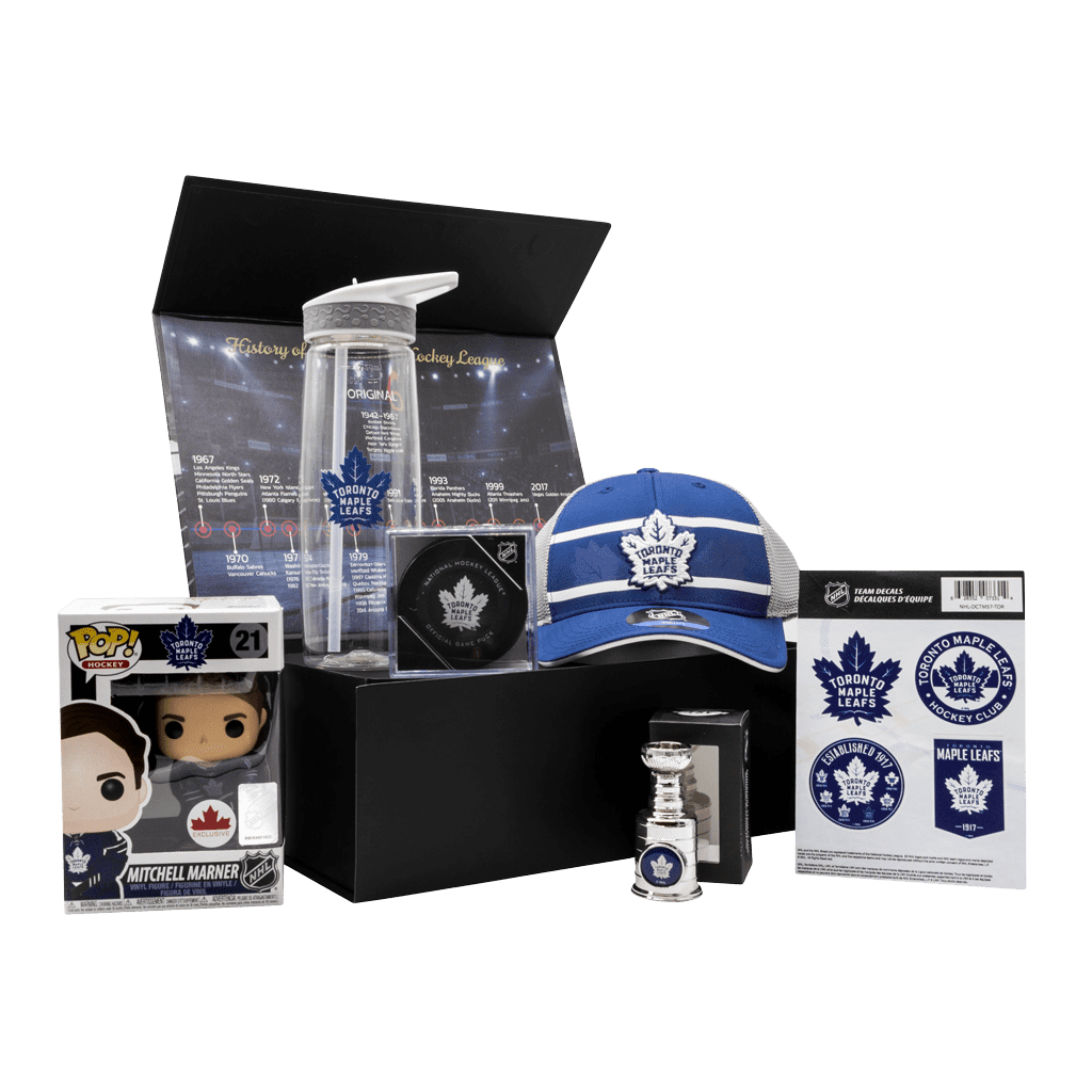Maple Leafs Supporters Game Day Chest gift box with cap, water bottle, puck, stanley cup magnet, stickers, and Marner Pop Figure.