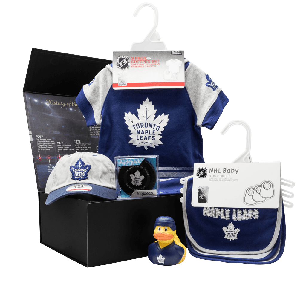 Maple Leafs Supporters Lil Fan Chest gift box with cap, my first puck, rubber duck, bibs, and jumper with booties.