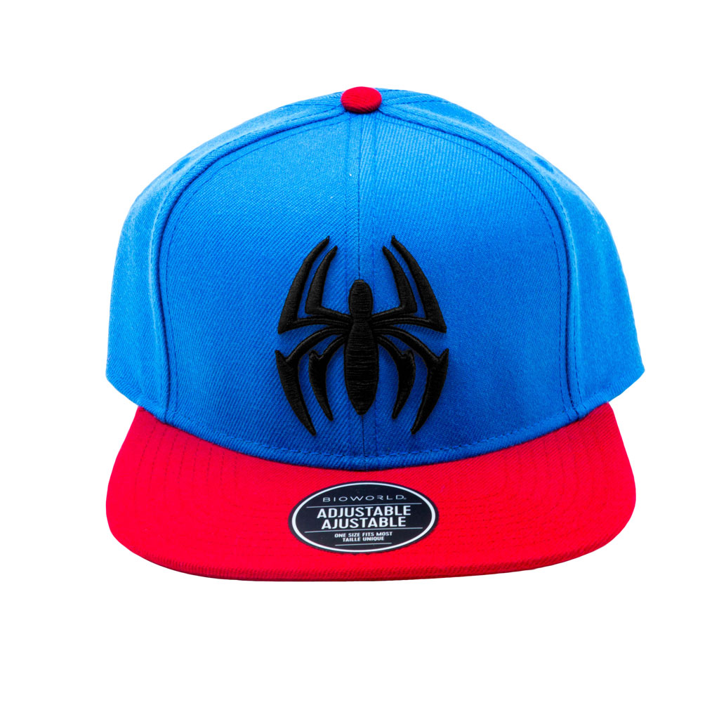 Spiderman Snapback Cap. blue and red cap with black spiderman logo