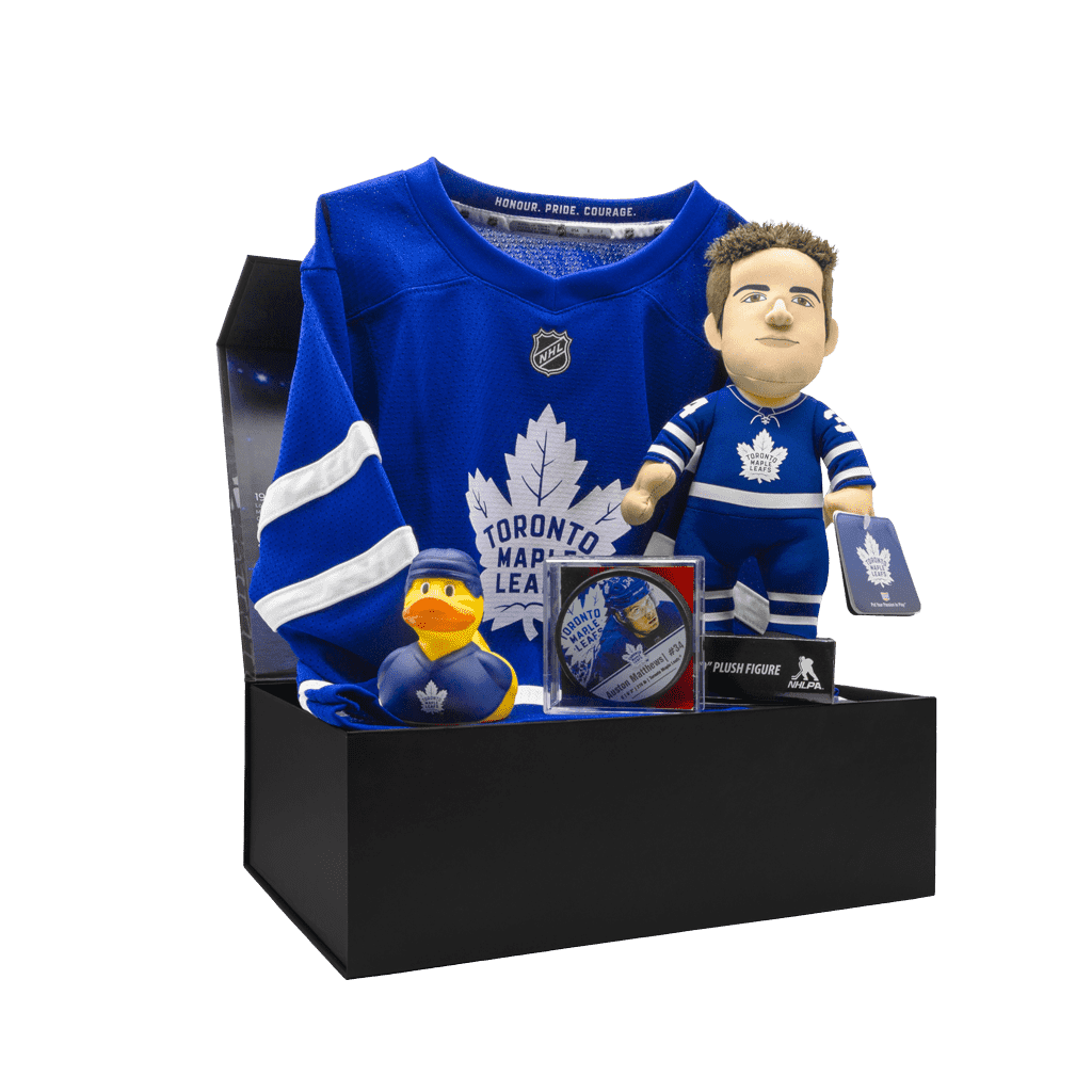 Maple Leafs Fanatics Matthews 34 Gift Box with Matthews Jersey, Rubber Duck, Matthews puck, and Matthews Plush