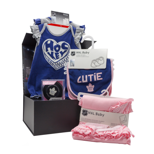 Maple Leafs Supporters Lil Rookie Gift Box Girls with my first puck, blanket, bib set, and onsie set.