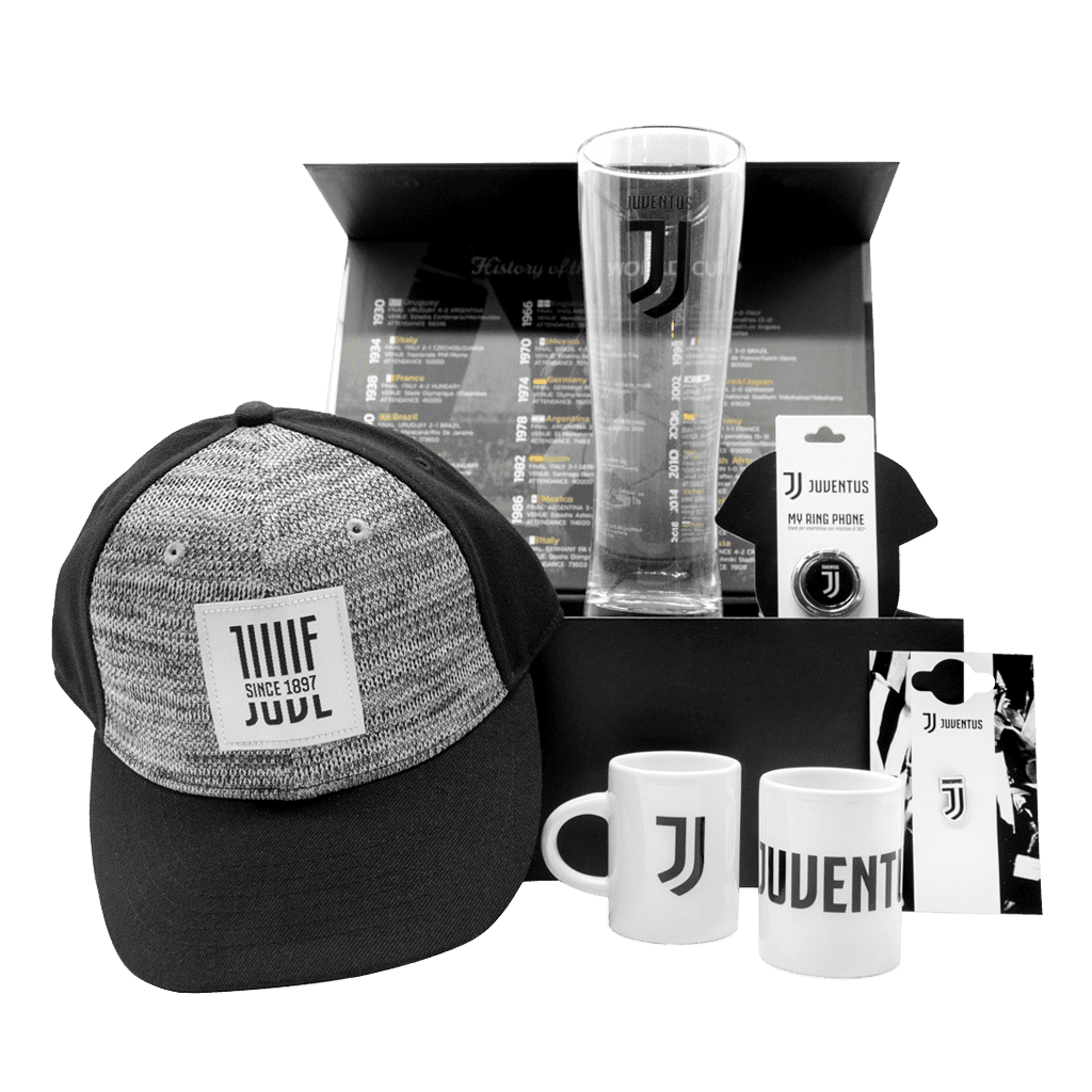 Juventus Curva Sud Gift Box with hat, phone ring, beer glass, lapel pin, and set of 2 espresso cups