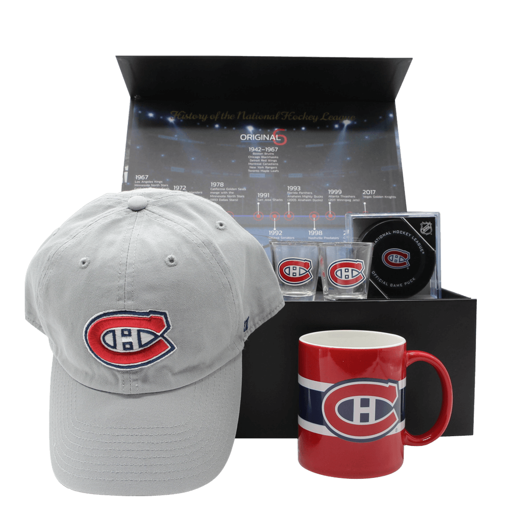 Montreal Canadiens Habs Gift Box with hat, puck, shot glasses, and mug