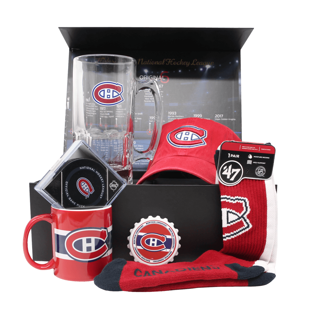 Montreal Canadiens Les Habitants Gift Box with hat, beer mug, coffee mug, puck, bottle opener, and socks