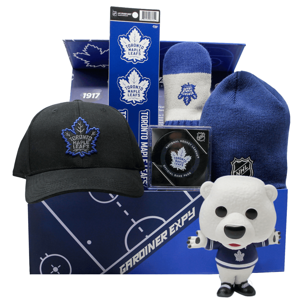 Toronto Maple Leafs Carlton Gift Box for kids includes Custom Leafs Chest, blue toque, mittens, black cap, Carlton Figure, puck, and stickers.