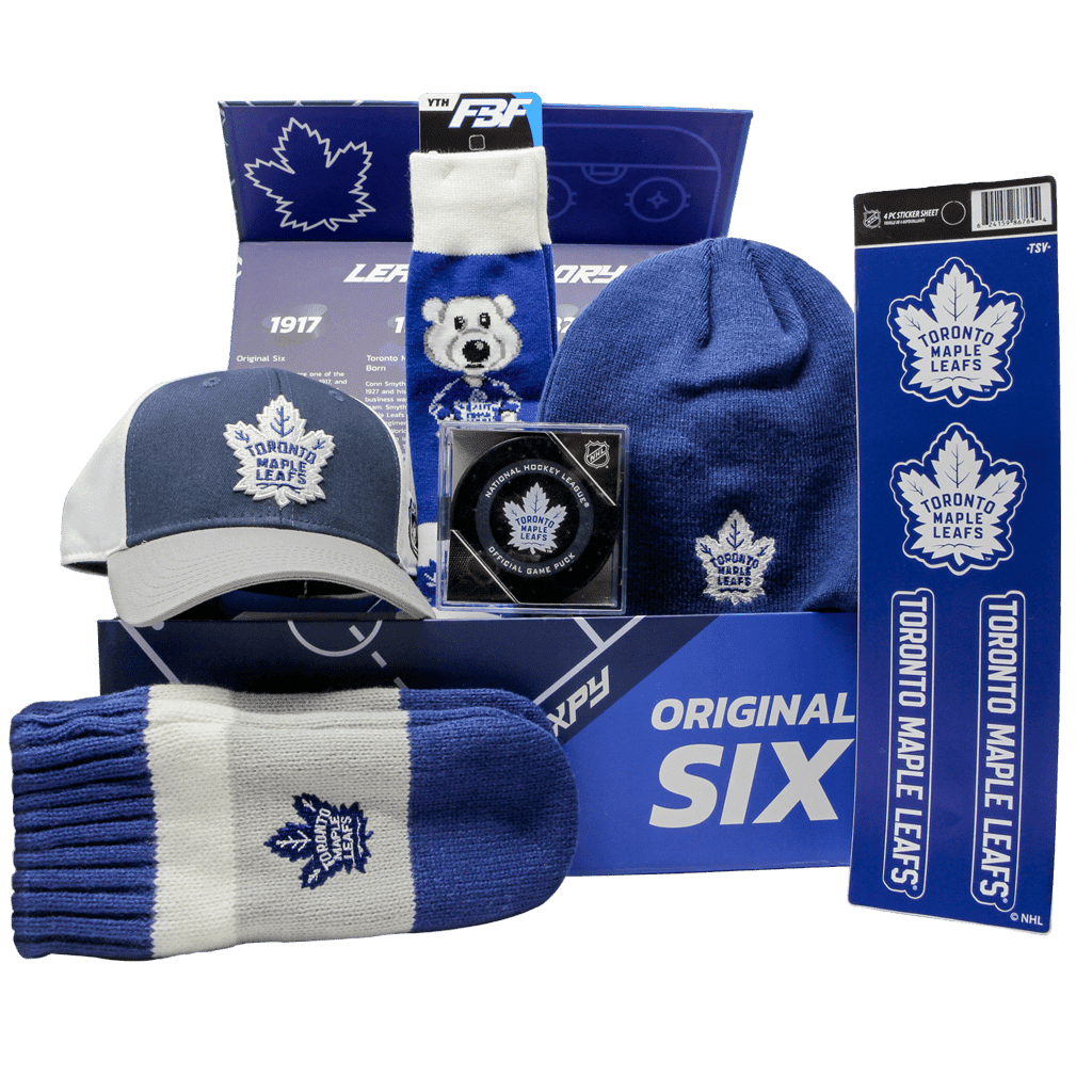 Toronto Maple Leafs Top Shelf Gift Box for Youth includes Custom Leafs Chest, blue toque, mittens, cap, Carlton socks, puck, and stickers.