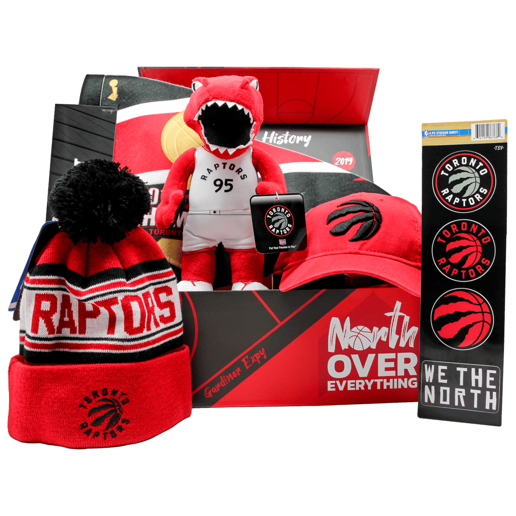 Toronto Raptors Alley-Oop Gift Box for Kids includes Custom Raptors Chest, Raptor Plush, champions pennant, red winter toque, red cap, magnets, and stickers.