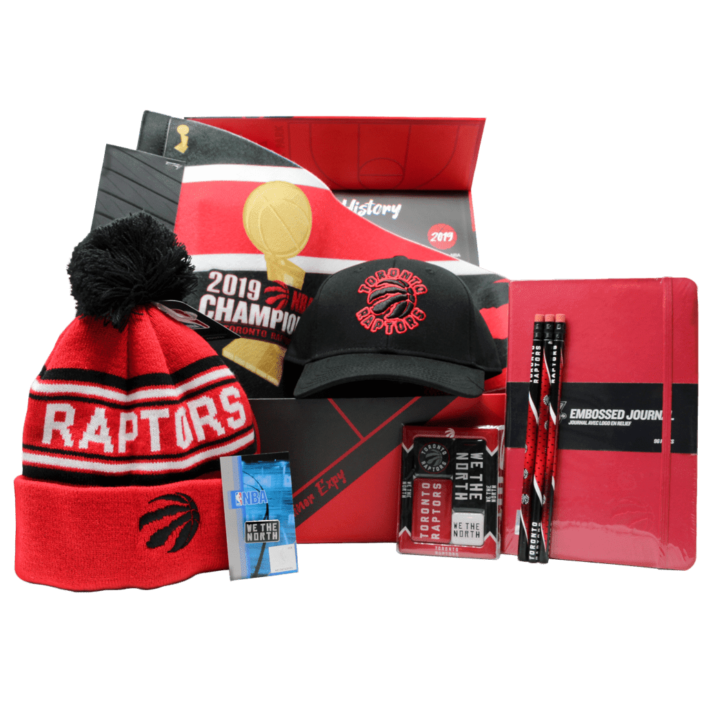 Toronto Raptors Courtside Gift Box for Youth includes Custom Raptors Chest, Raptors winter toque, champions pennant, black cap, lapel pin, magnets, journal, and pencils.