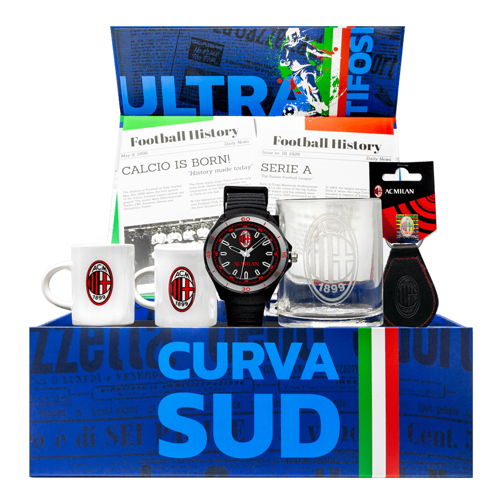AC Milan Campioni D'italia Gift Box with espresso cups, glass mug, keychain, and watch.