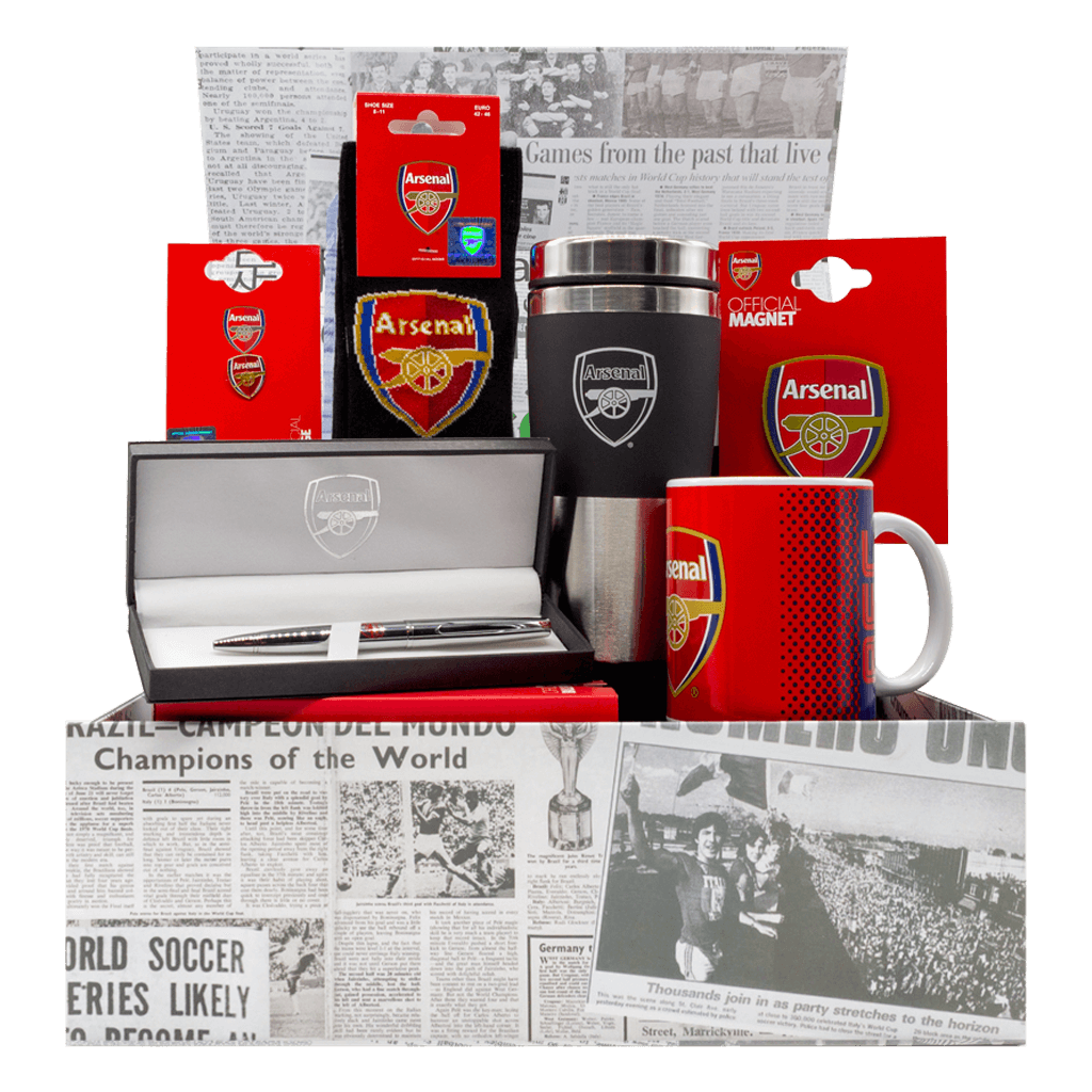 Arsenal EPL Gift Box with travel mug, mug, magnet, lapel pin, socks, and pen.