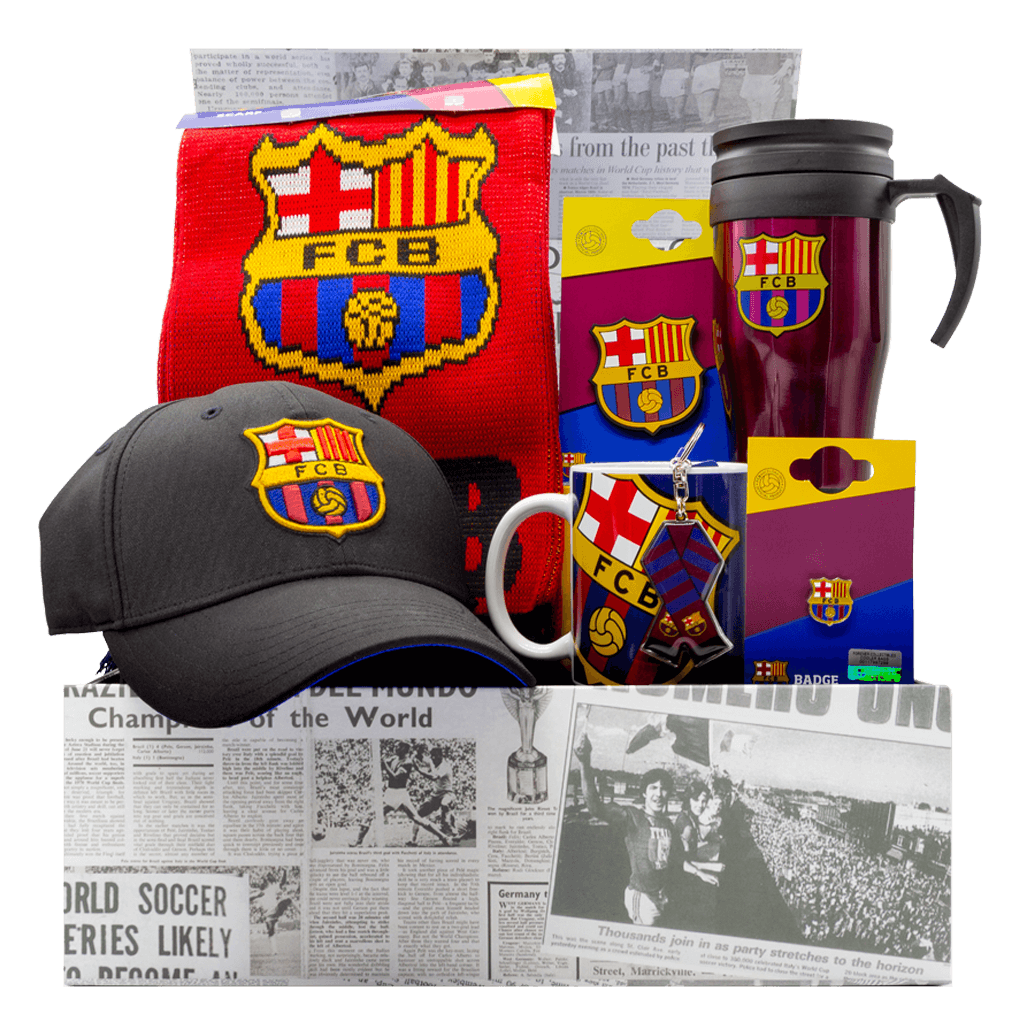 The Barca Fanatico Champ Nou Chest gift box with Travel mug, mug, cap, scarf, magnet, keychain and pin.