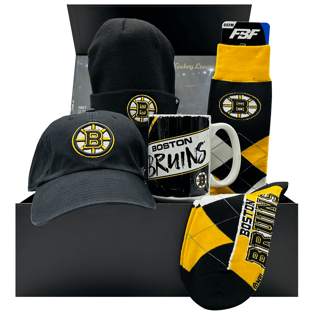 Boston Bruins NHL Gift Box with team socks, mug, cap, and toque.
