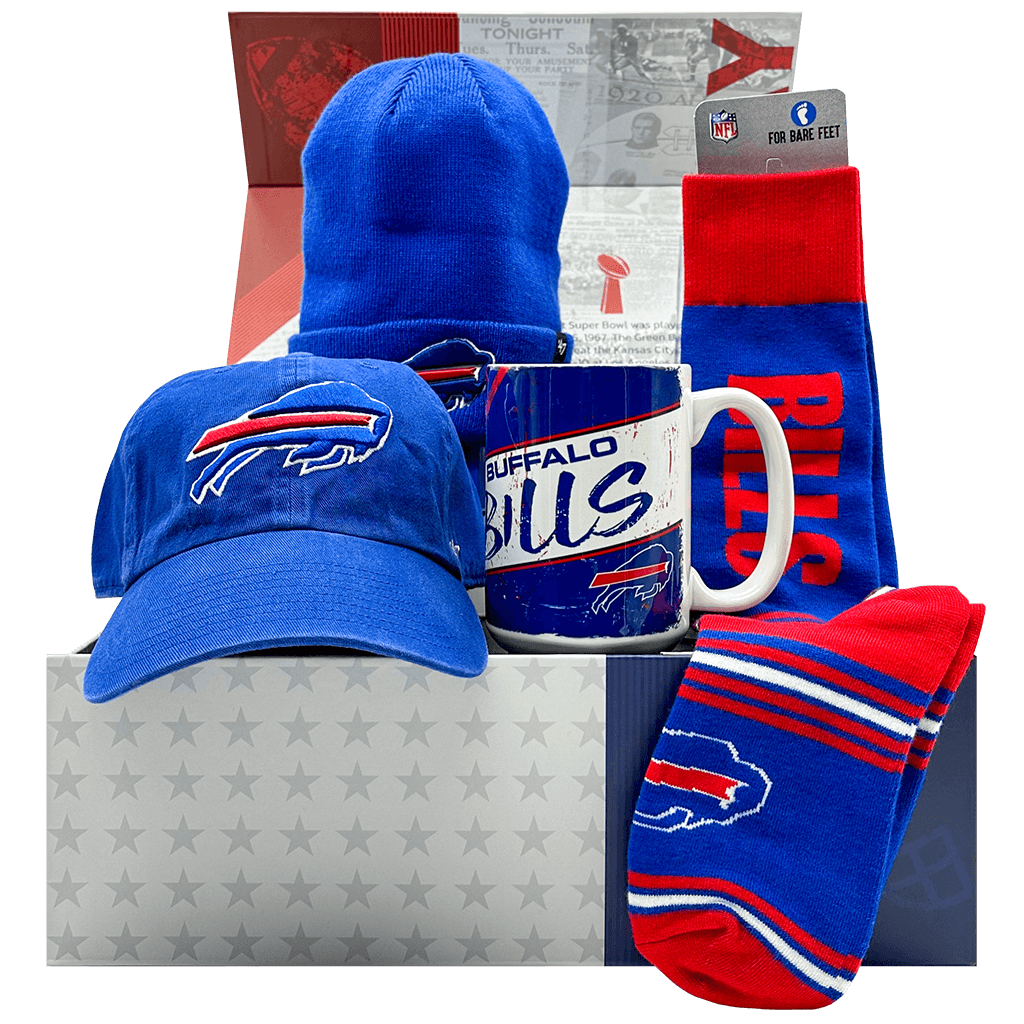 Buffalo Bills NFL Gift Box with team socks, mug, cap, and toque.