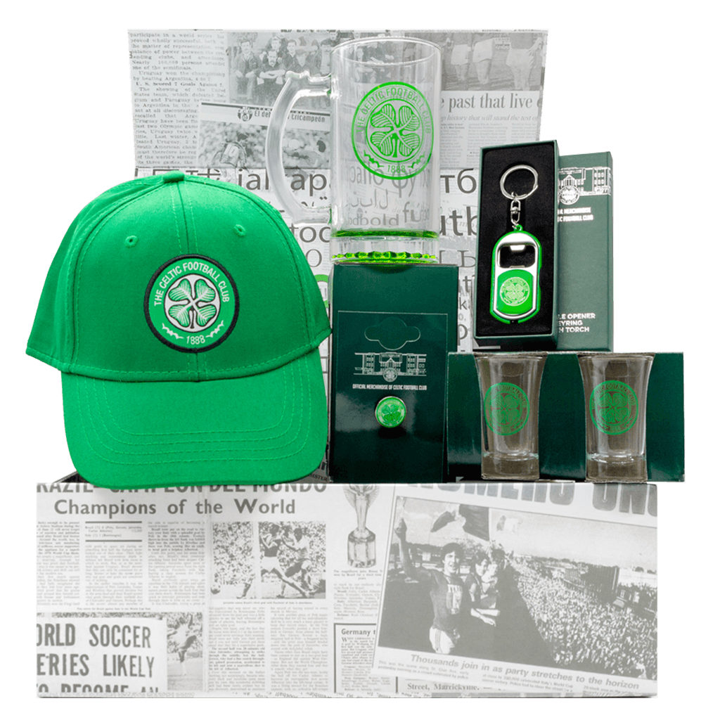 Celtic FOOTBALL CLUB Gift Box with cap, beer stein, keychain, lapel pin, and shot glasses.