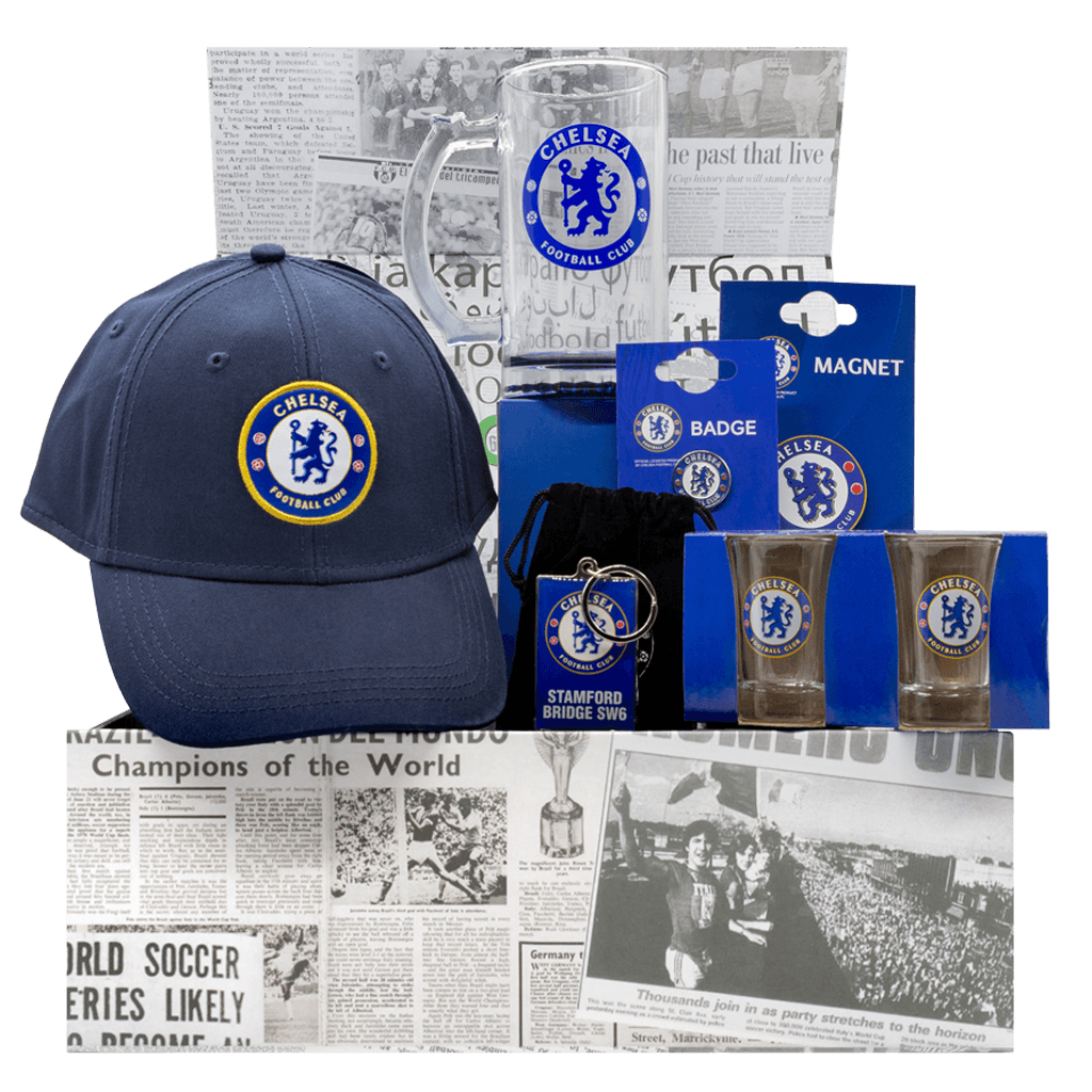 Chelsea STAMFORD BRIDGE Gift Box with cap, beer stein, magnet, lapel pin, keychain, and shot glasses.