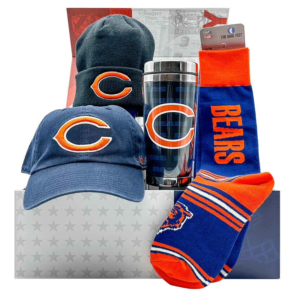 Chicago Bears NFL Gift Box with team socks, travel mug, cap, and toque.