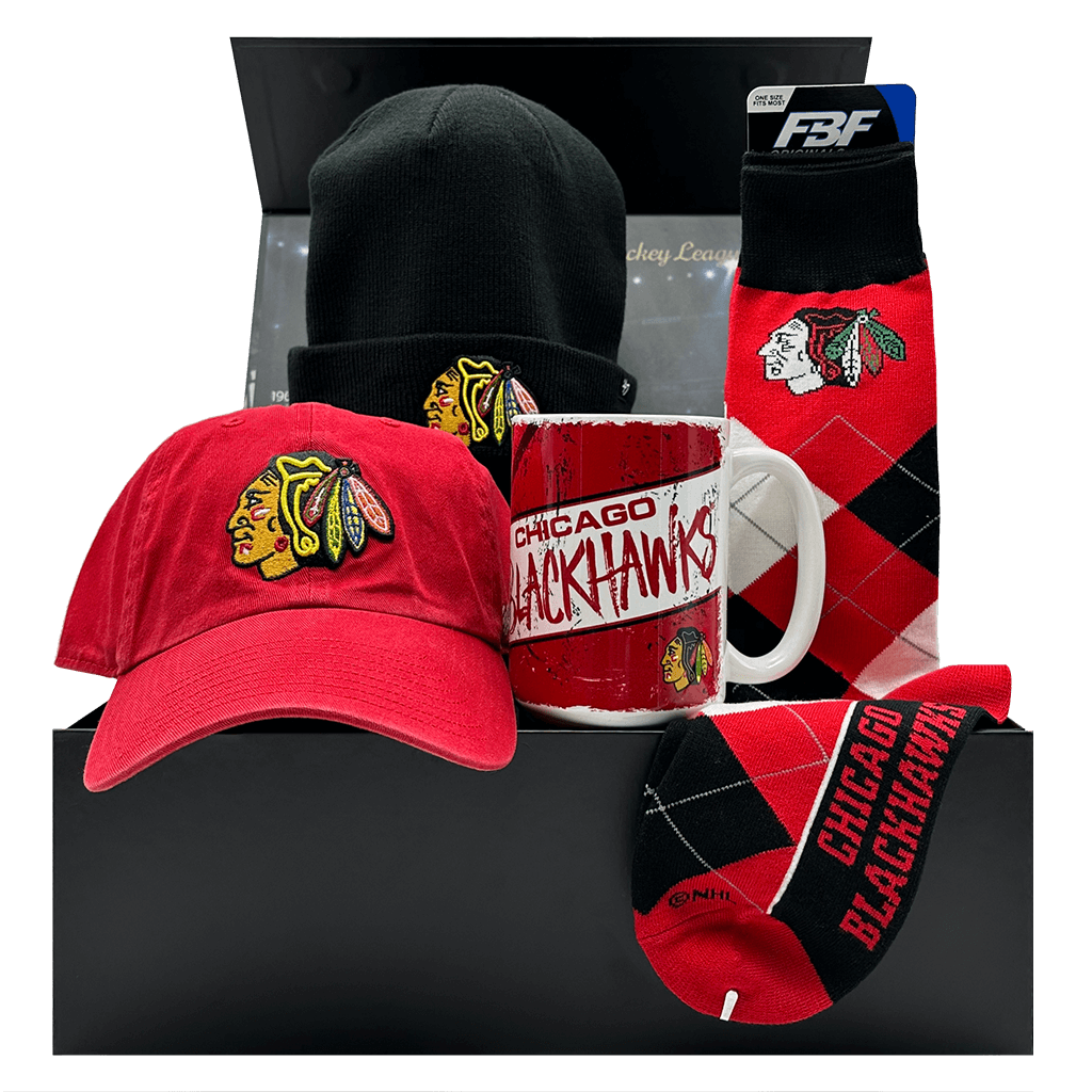 Chicago Blackhawks NHL Gift Box with team socks, mug, cap, and toque.