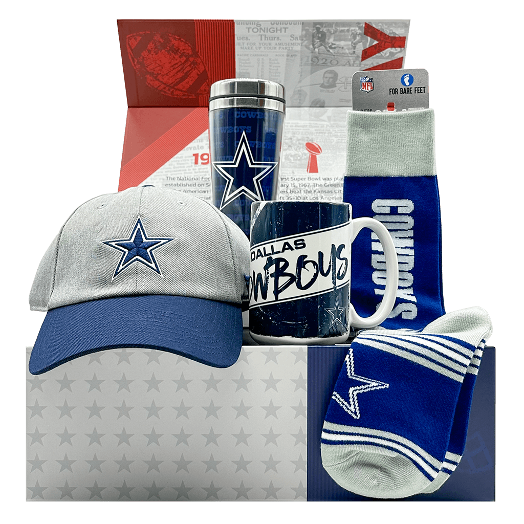 Dallas Cowboys NFL Gift Box with team socks, mug, cap, and travel mug.
