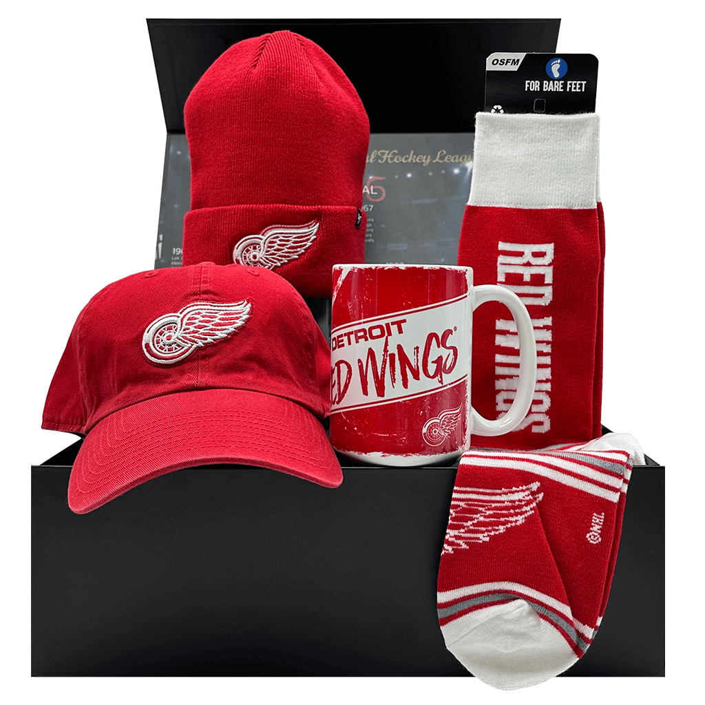 Detroit Red Wings NHL Gift Box with team socks, mug, cap, and toque.