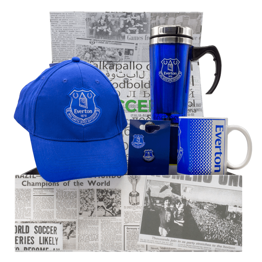 Everton EPL Gift Box with cap, travel mug, mug, and lapel pin.
