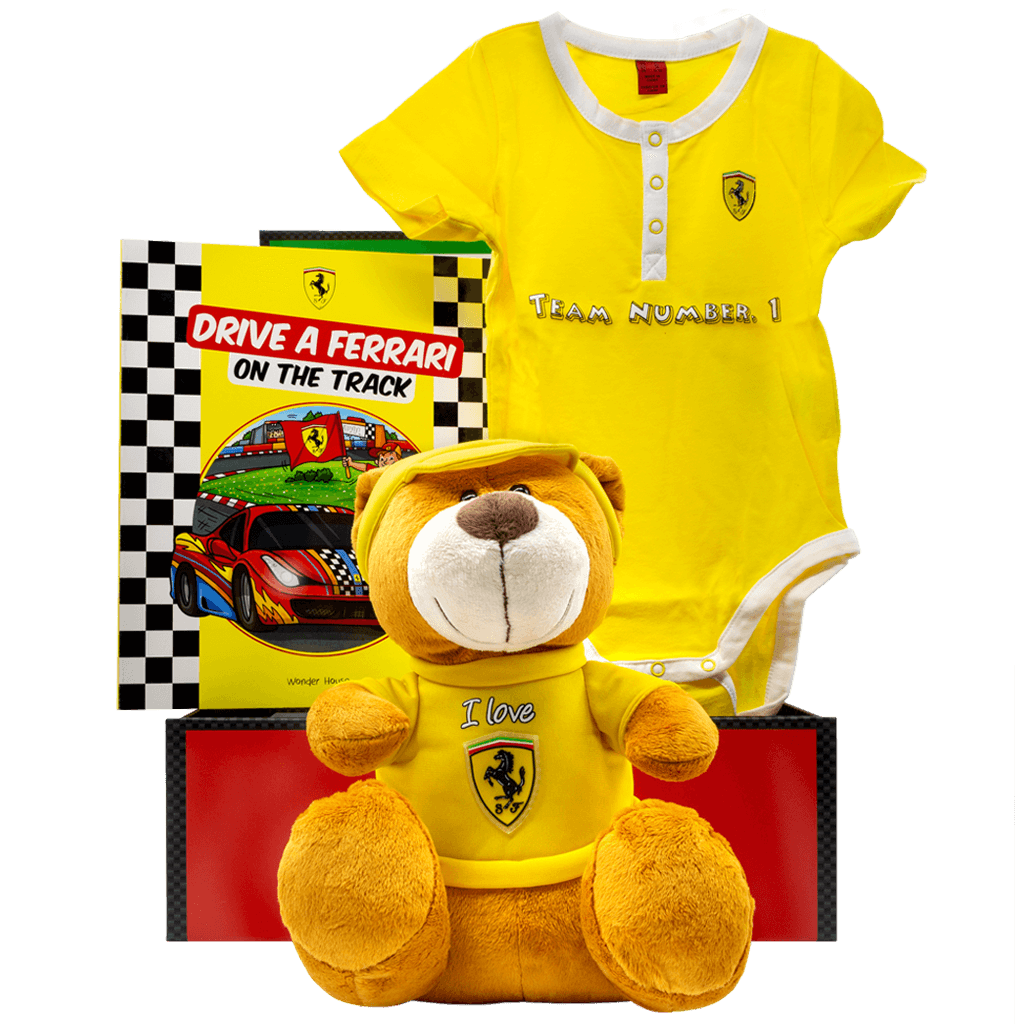 Ferrari Baby Gift Box with onsie, book, teddy bear.
