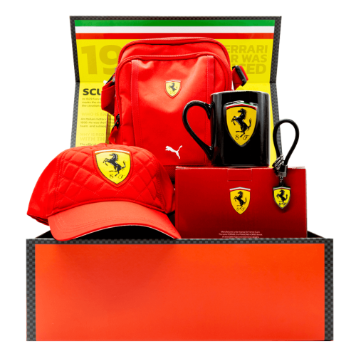 Ferrari F1 Gift Box with quilted cap, mug, keychain and bag.