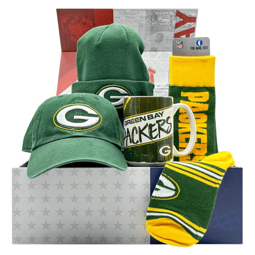 Green Bay Packers NFL Gift Box with team socks, mug, cap, and toque.