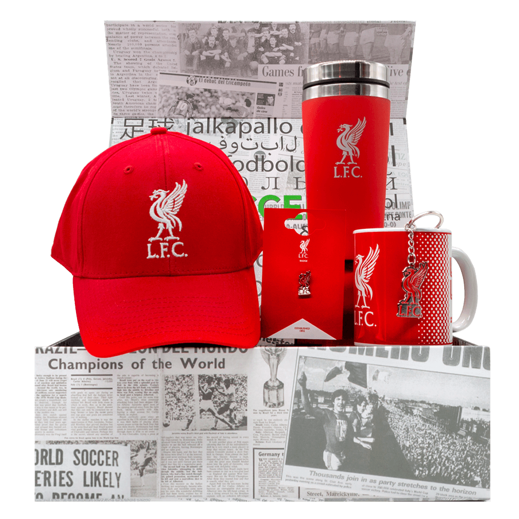 The Liverpool Supporters Anfield gift box with a cap, travel mug, mug, pin and keychain.