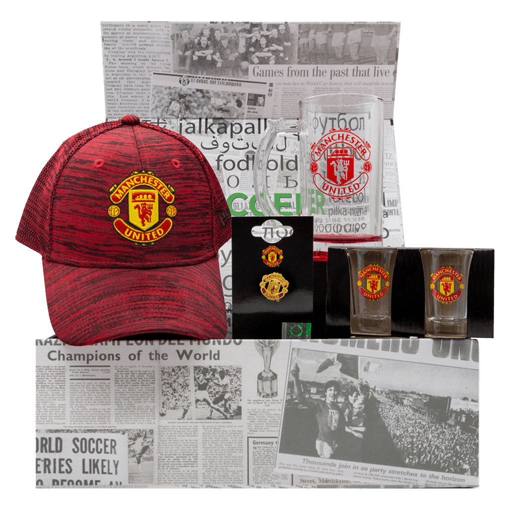 Manchester United EPL Gift Box with cap, beer stein, lapel pin, and shot glasses.