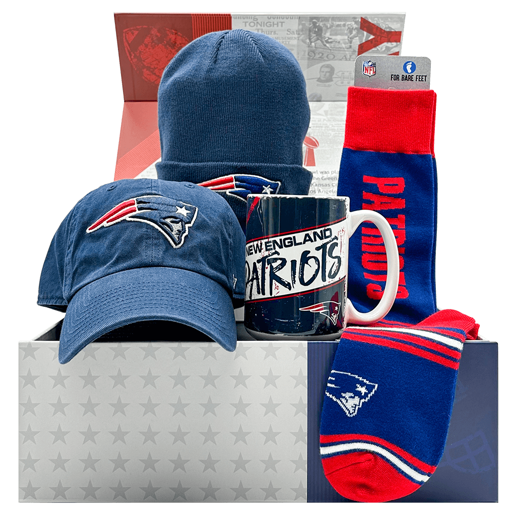 New England Patriots NFL Gift Box with team socks, mug, cap, and toque.