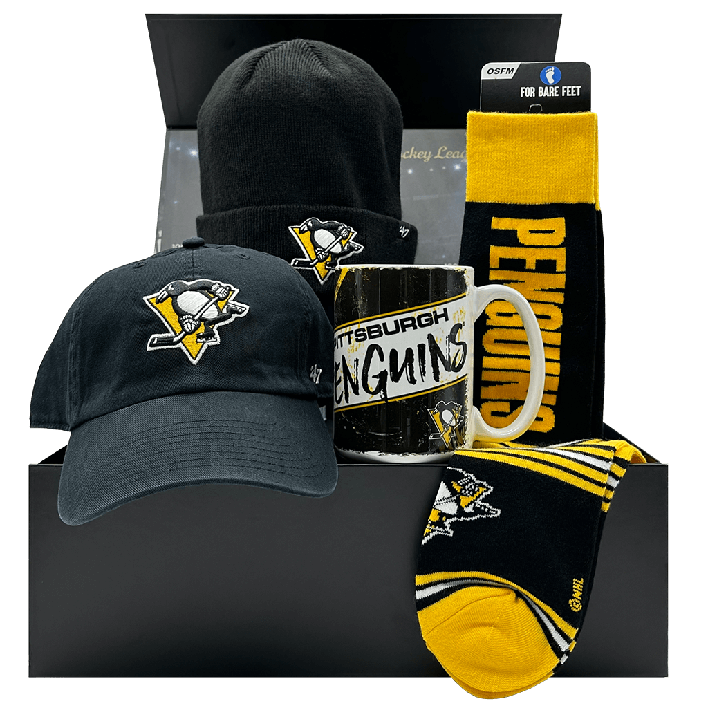 Pittsburgh Penguins NHL Gift Box with team socks, mug, cap, and toque.