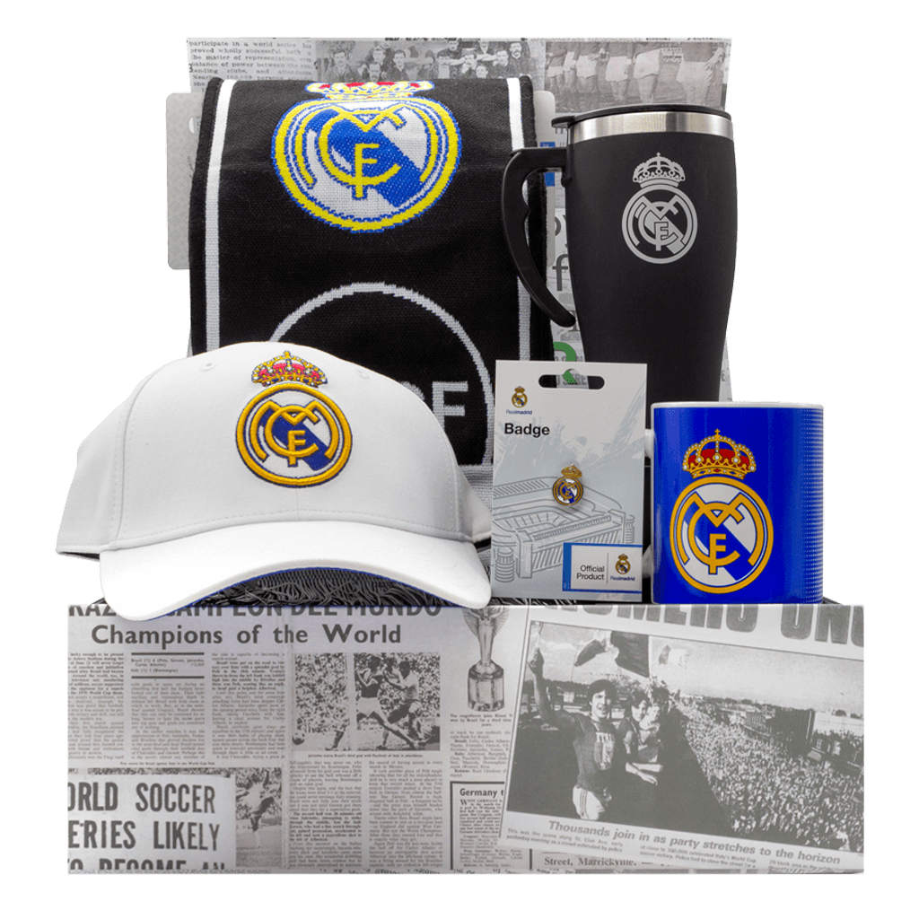 The Real Madrid Fanatico Bernabeu Chest gift box with a cap, scarf, travel mug, mug, and pin.