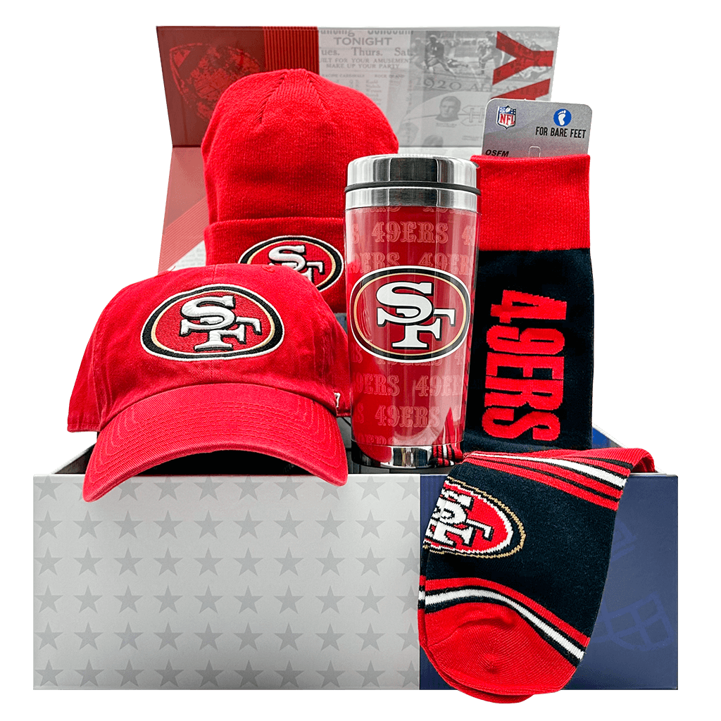 San Francisco 49ers NFL Gift Box with team socks, travel mug, cap, and toque.