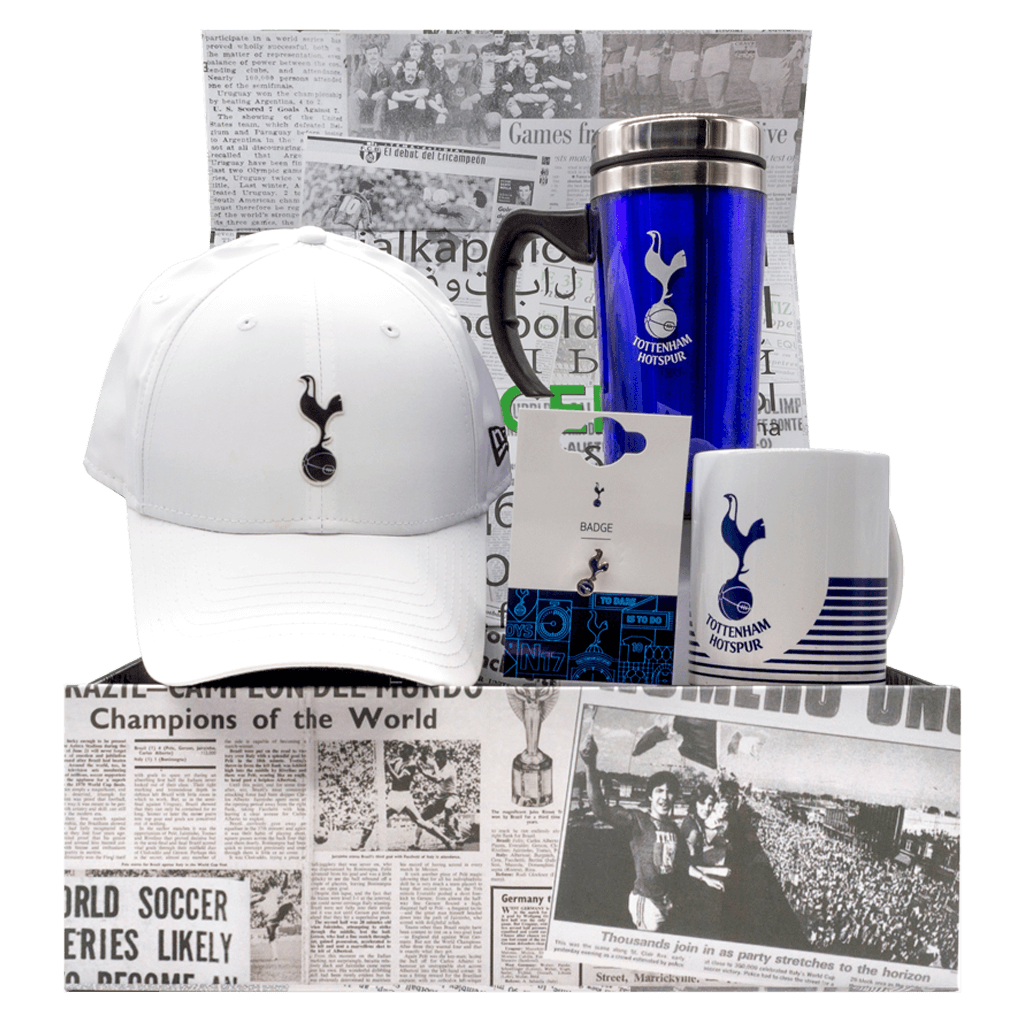 Tottenham EPL Gift Box with cap, travel mug, mug, and lapel pin.