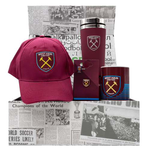 West Ham United EPL Gift Box with cap, travel mug, mug, and lapel pin.
