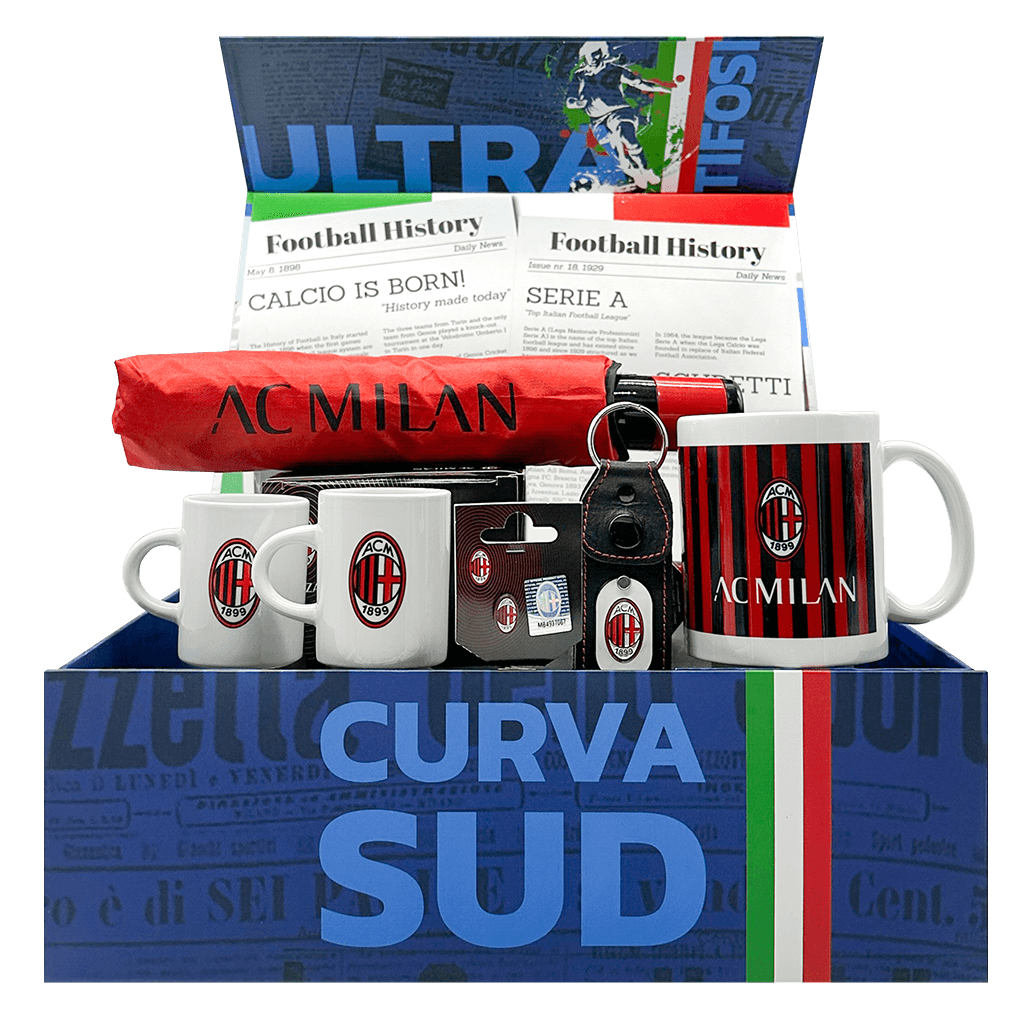 AC Milan Coppa Italia Gift Box with espresso cups, umbrella, mug, keychain and lapel pin.