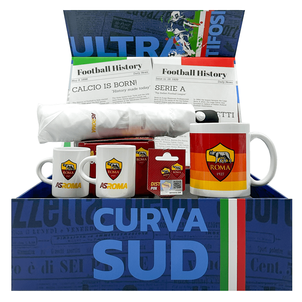 AS Roma Coppa Italia Gift Box with espresso cups, umbrella, mug, and lapel pin.