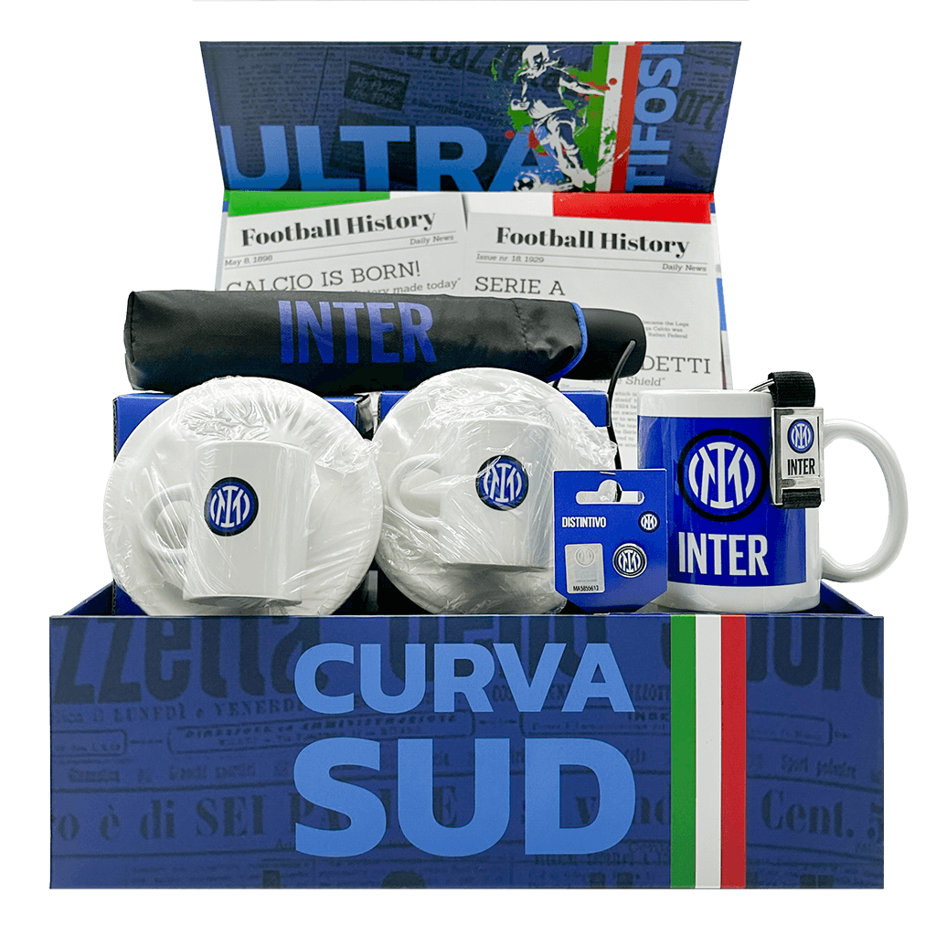Inter Coppa Italia Gift Box with espresso cups, umbrella, mug, keychain and lapel pin.