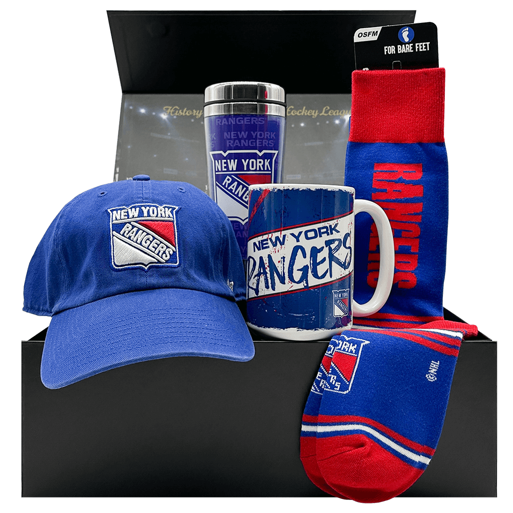 New York Rangers NHL Gift Box with hat, team socks, travel mug, and mug.
