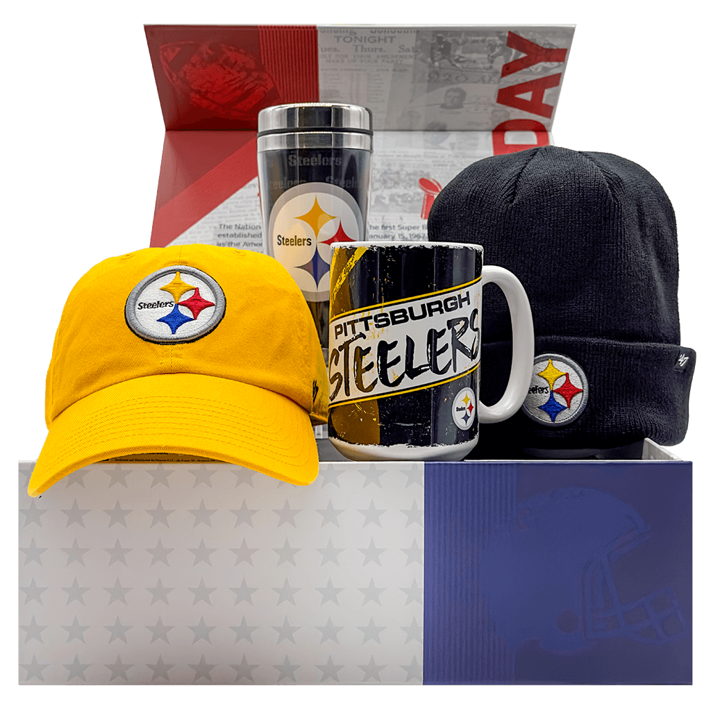 Pittsburgh Steelers NFL Gift Box with hat, beanie, travel mug, and mug.