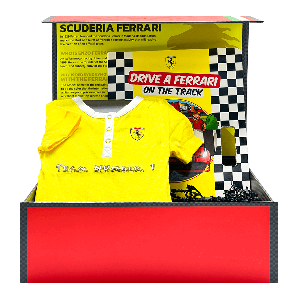 Ferrari Kids Gift Box with a Ferrari Yellow Onsie and Drive a Ferrari On The Track: Illustrated Board Book