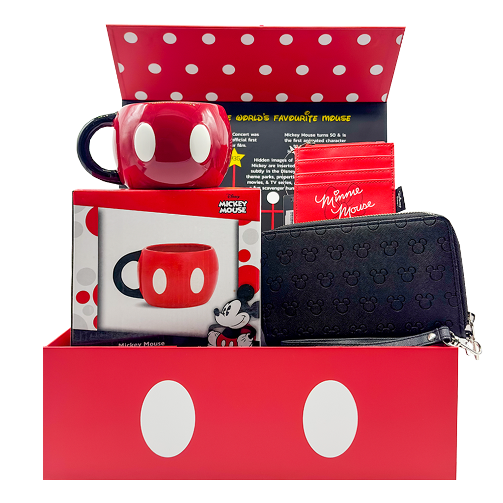 Minnie and Mickey 3 Piece Woman's Gift Set with Disney zip around wallet, Minnie Mouse zip ID wallet, and Mickey Mouse 20 oz Sculpted Ceramic Mug